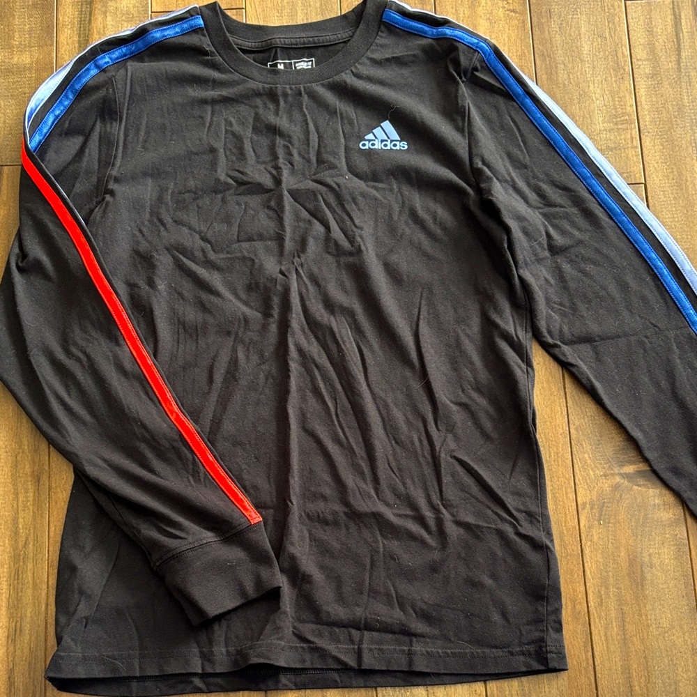 Adidas Black Shirt with Red and Blue Stripes